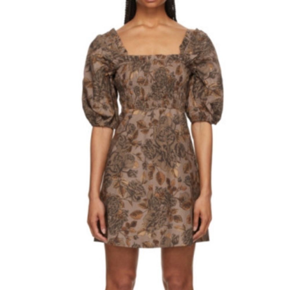 Ganni Brown Poplin Printed Smocked Mini Dress